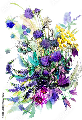 Fototapeta Naklejka Na Ścianę i Meble -  Abstract watercolor drawing of a bouquet of summer wild flowers. Light summer background for wedding decor, publications and prints. Provencal style of drawing with ink and pen