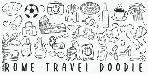 Rome Italy Travel Doodle Line Art Illustration. Hand Drawn Vector Clip Art. Banner Set Logos.