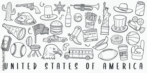 United States of America Doodle Line Art Illustration. Hand Drawn Vector Clip Art. Banner Set Logos.
