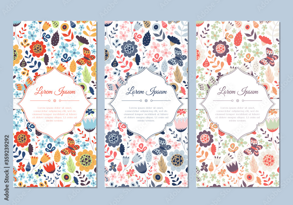 Cute vintage doodle floral cards set for invitation, label, banner, wedding, party, baby shower, hen-party, mother's day, valentine. Beautiful background with gentle flowers and leaves. Vector
