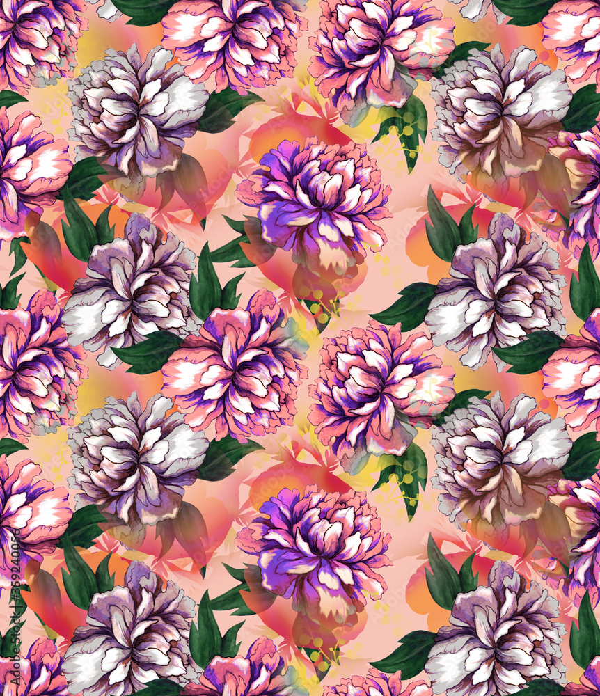 Watercolor floral pattern with flowers of peonies and with a pink background.
