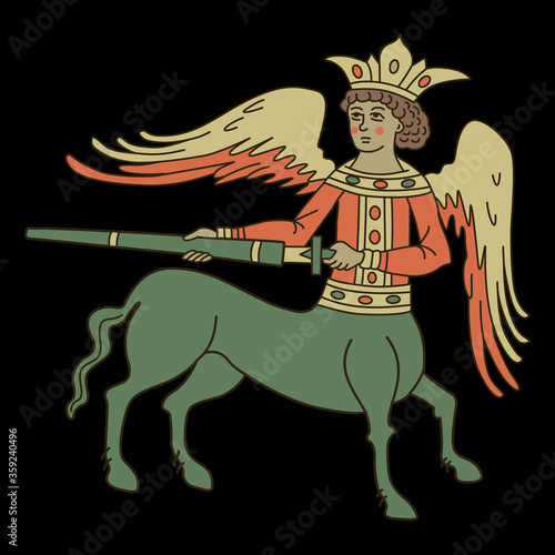 Fantastic old Russian winged centaur Kitovras with a sword. Based on ancient folk motif.