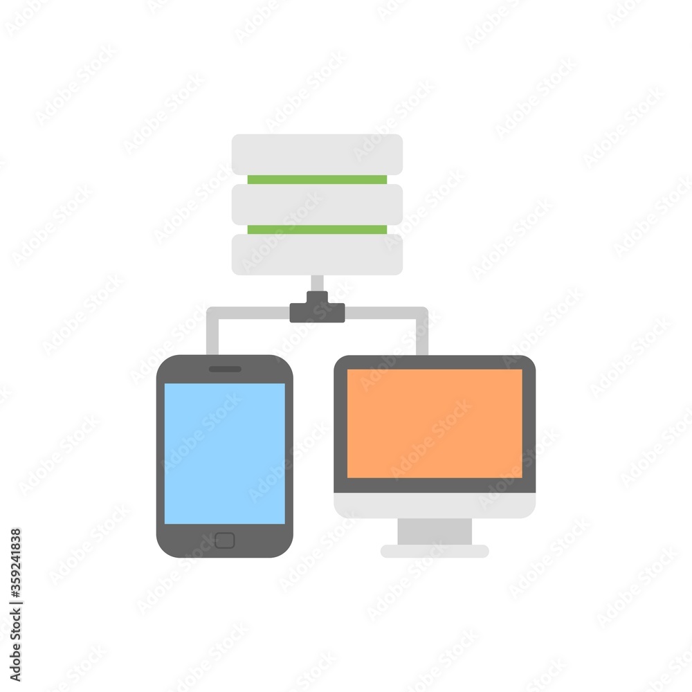 Web server connected to computer and smartphone. Database connection sign. Web server connected to computer and smartphone. Database connection sign.