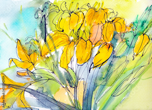 Abstract watercolor drawing of a bouquet of summer   yellow wild flowers. Light summer background for wedding decor  publications and prints. Provencal style of drawing with ink and pen