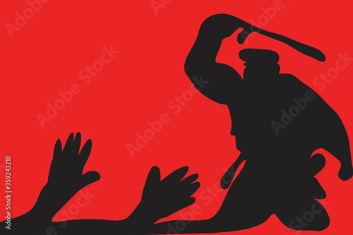 illustration of silhouette on red background, man in uniformed outfit swinging by baton compliance tool to his unarmed opponent who raised hands up 