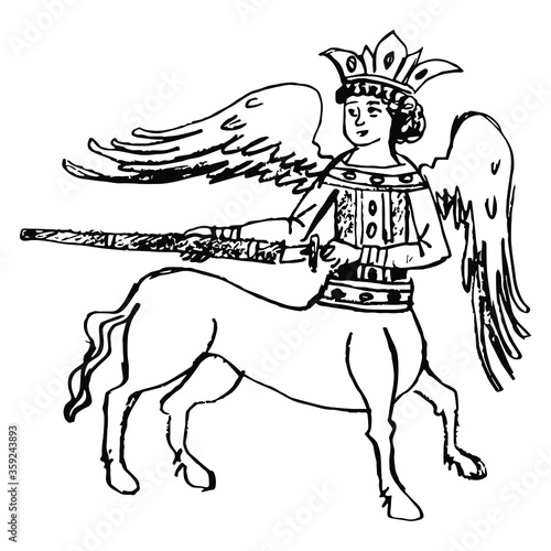 Fantastic Russian winged centaur Kitovras with a sword. Ancient folk motif. Hand drawn linear doodle ink sketch. 
Black silhouette on white background.