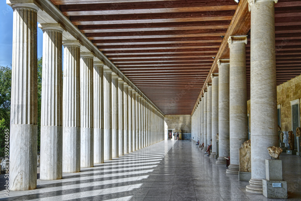 Slender rows of columns of the ancient temple in the Athens Agora.
