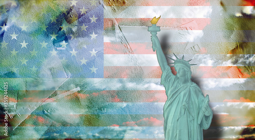 Modern art. Liberty statue. USA national flag on a background