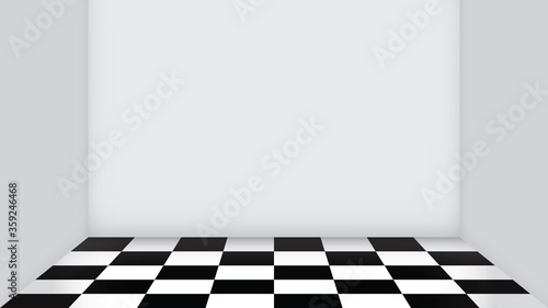 Empty room with checkerboard floor tile. Blank white walls without windows and furniture. Vector illustration of interior design. Minimal style.