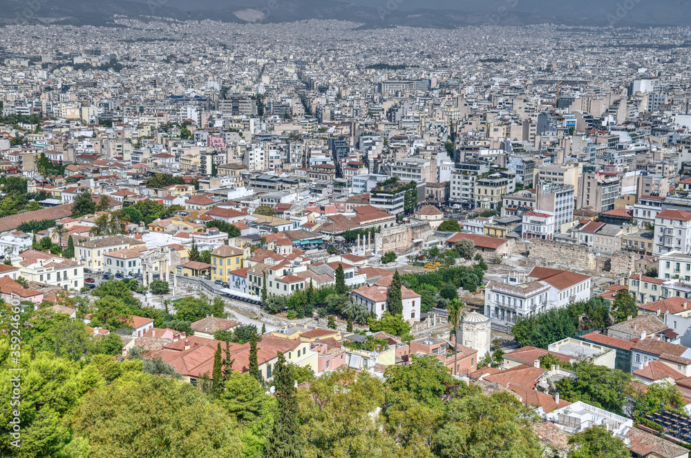 Breathtaking panoramic view on Athens city from the hill.