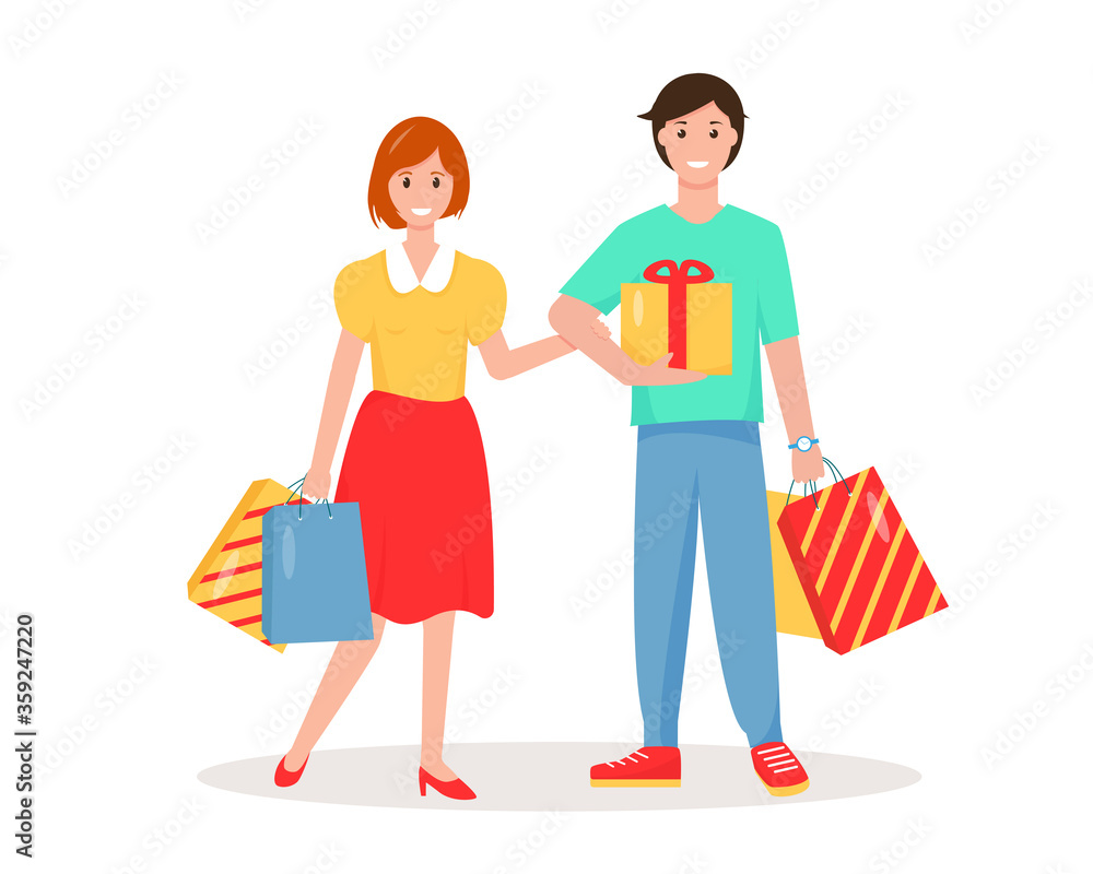 Happy woman and man with shopping bags