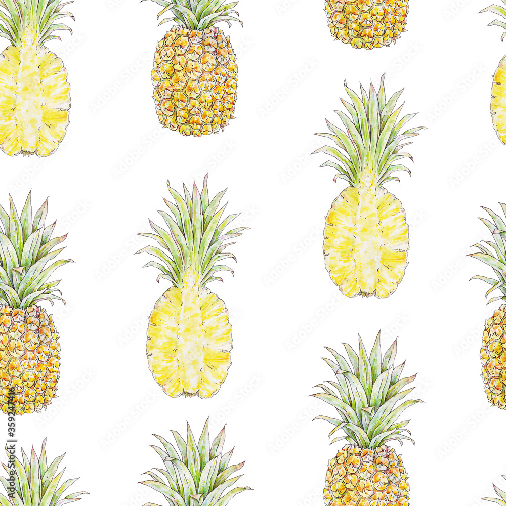 Pineapple on a white background. Watercolor colourful illustration. Tropical fruit. Seamless pattern for design. Pineapple on a white background. Watercolor colourful illustration. Tropical fruit. Seamless pattern for design.