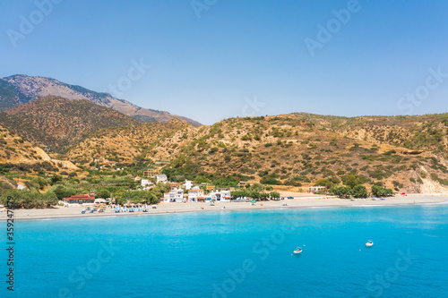 view of the beach and the small village Tertsa, Crete, Greece