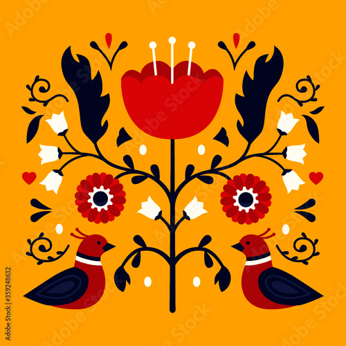 abstract floral background with flowers and birds