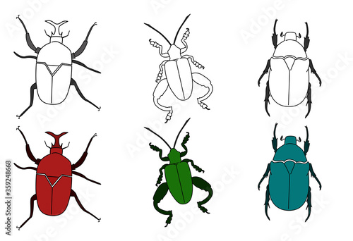 A set of multicolored beetles on a white background. Insects drawn for printing, cards.