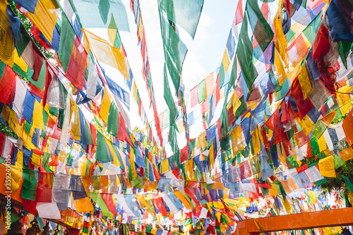 Colorful Buddhist prayer flags at Tiger Hill in Darjeeling  India