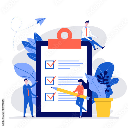 Group of business people making modern check list with pencil and clipboard or business task. Concept of goal achievements planning schedule. Flat cartoon character design for landing page