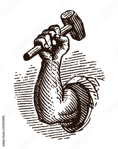 Close-up of right human arm holding hammer, after antique engraving from 19th century