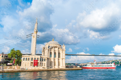 Istanbul, Turkey / August 2019 Big Mecidiye mosque, popularly known as Ortaköy mosque, is a Neo Baroque style mosque located on the beach in Ortaköy,Besiktas district in the Bosphorus, Istanbul.