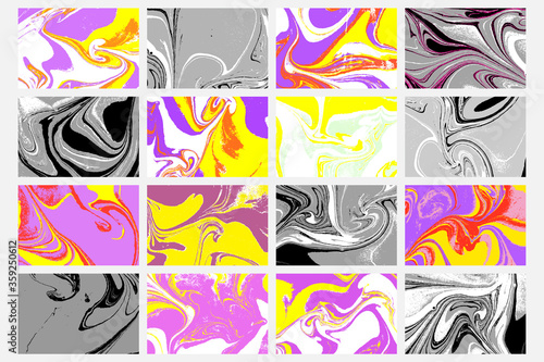 Set of abstract backgrounds. Ink marbling textures in color. Hand drawn colourful marble illustrations, ebru aqua paper and silk prints. Traditional Turkish ebru technique. Painting on water.