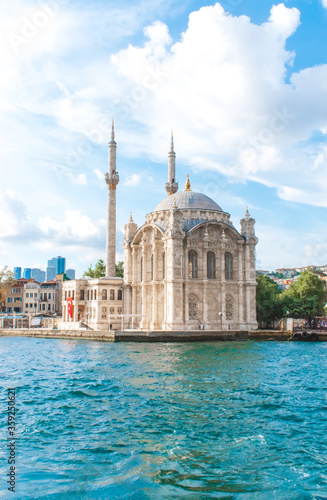 Istanbul, Turkey / August 2019 Big Mecidiye mosque, popularly known as Ortaköy mosque, is a Neo Baroque style mosque located on the beach in Ortaköy,Besiktas district in the Bosphorus, Istanbul.