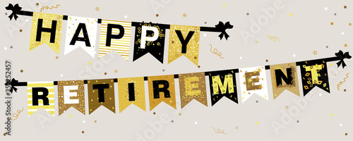Vector illustration of Happy Retirement banner on a grey background with sparkles and confetti in flat design style