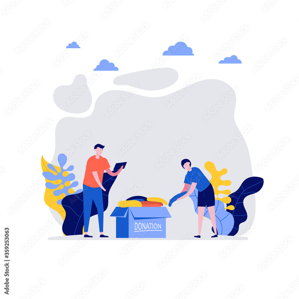 Volunteers at work. Happy young couple, man and woman donating clothes together. Concept of volunteering and charity social. Flat cartoon character design for web landing page, banner