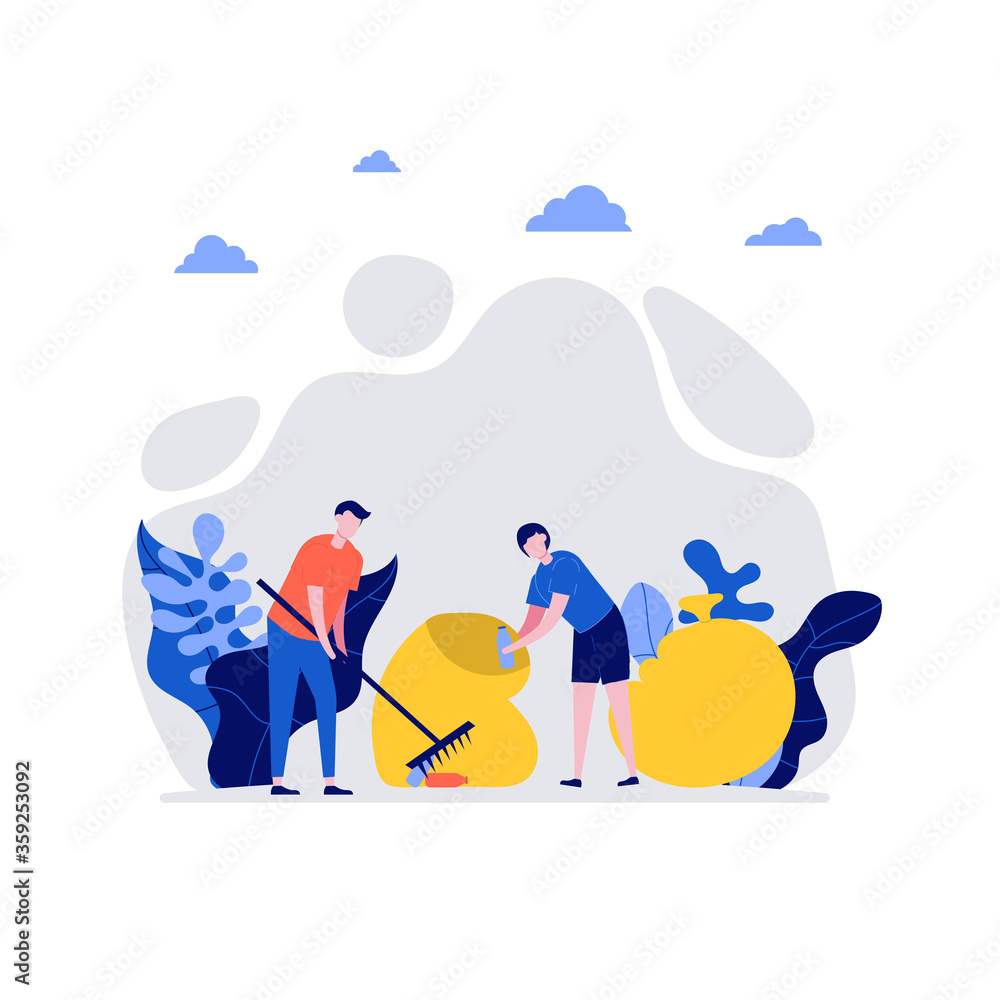 Volunteers at work. Happy young couple, man and woman cleaning garbage together. Concept of volunteering and charity social. Flat cartoon character design for web landing page, banner