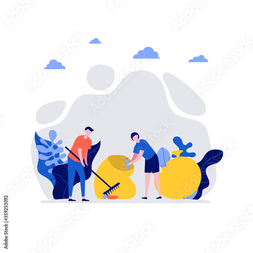 Volunteers at work. Happy young couple, man and woman cleaning garbage together. Concept of volunteering and charity social. Flat cartoon character design for web landing page, banner