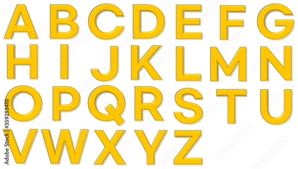 3D YELLOW TEXT WITH DOUBLE OUTLINE TEXT SET A TO Z ALPHABET