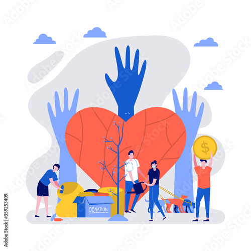 Volunteers at work. Man and woman cleaning garbage, taking care about animals, donating and planting tree. Concept of volunteering and charity social with a big hearth. Flat style vector illustration