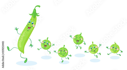A funny pea pod and cute peas. In cartoon style. Isolated on white background. Vector flat illustration.
