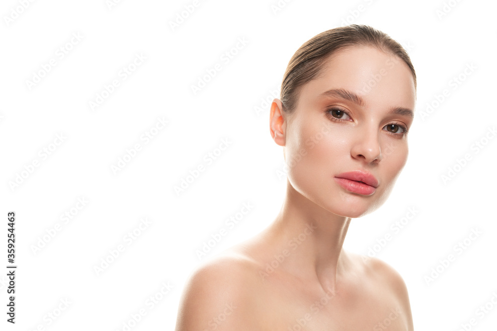 Woman beauty face portrait isolated on white with healthy skin Woman beauty face portrait isolated on white with healthy skin