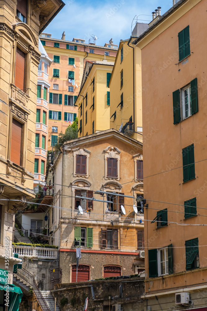 Genoa, Italy - August 20, 2019: Beautiful view of old buildings and streets in Genoa, region of Liguria, Italy