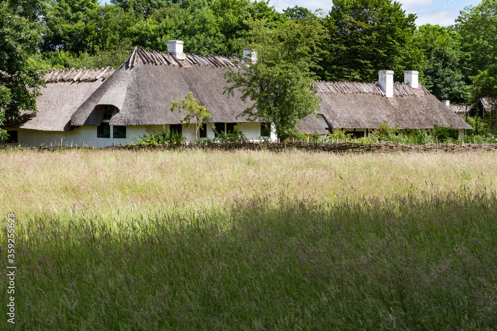 Traditional country house with thatched roof. Rural theme. Frilandsmuseet, Denmark.