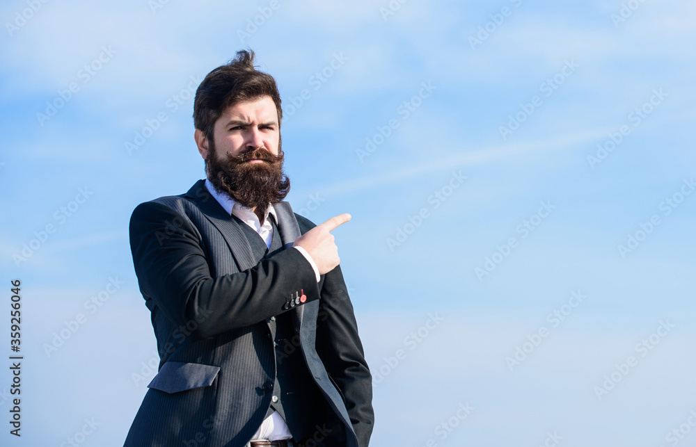 This way. Changing course. Looking for opportunities and chances. Man formal suit manager looking direction. Developing business direction. Businessman bearded face sky background. Business direction This way. Changing course. Looking for opportunities and chances. Man formal suit manager looking direction. Developing business direction. Businessman bearded face sky background. Business direction
