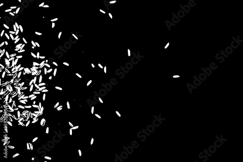 White rice on black background. Organic texture. Silhouette of rice flakes, spread on the flat surface or table. Top view. Vector.