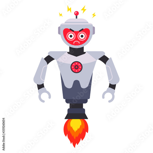 angry flying robot on a white background. reprogramming a cyborg. flat vector illustration.