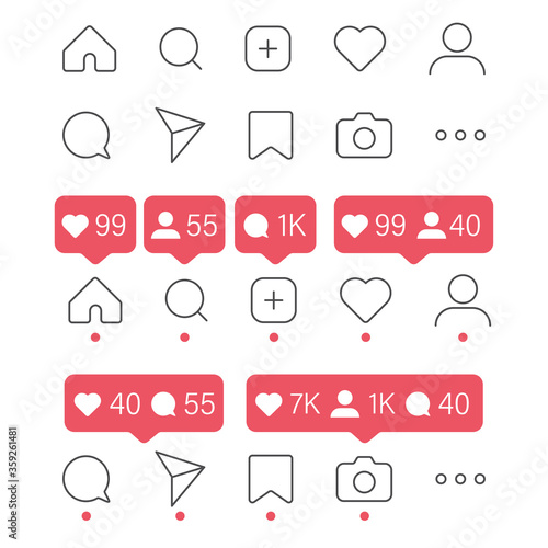 social media icon vector set. instagram style. share like heart message bubble chat sign symbol. love web. communication network. white background. outline modern design. isolated stock.