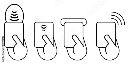 nfc card icon vector contactless payment. pay cshless logo. tap pass reader with hand. open hotel door sensor lock. isolated line on white background.