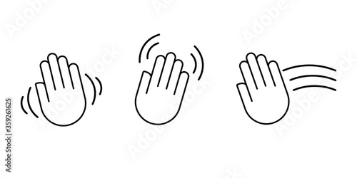 hello goodbye waving hand vector. hi bye hey gesture outline. farewell palm movement sign. raised moving shake. stock illustration on white background