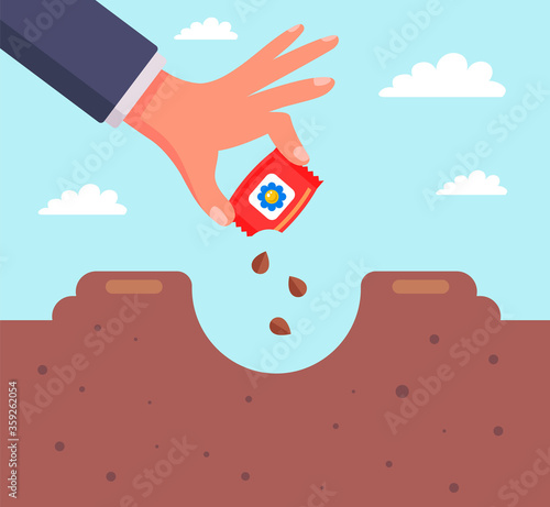 plant a flower in a hole in his country house. Flat vector illustration.