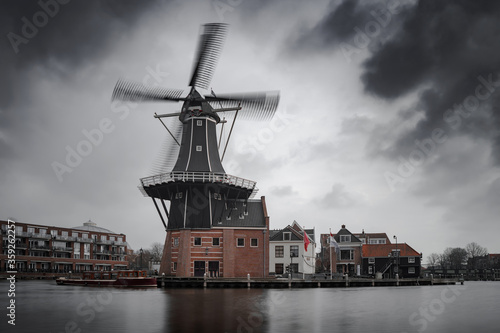 Haarlem city windmill in old town. Netherlands (Holland)