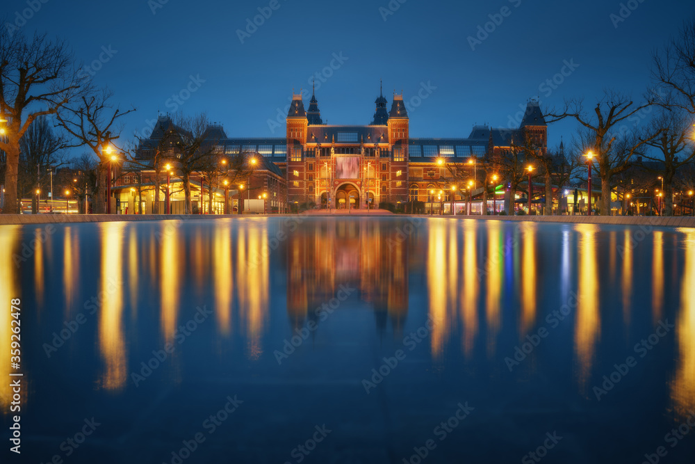 Amsterdam city museum, Netherlands. Beautiful iconic view illuminated at night