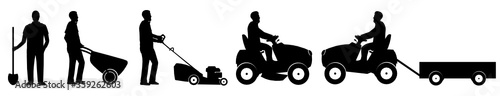 Silhouettes of farmers with a shovel, a wheelbarrow, a manual lawn mower, a large lawnmower and a mini tractor with a trailer. Set of lat vector illustration isolated on white background.