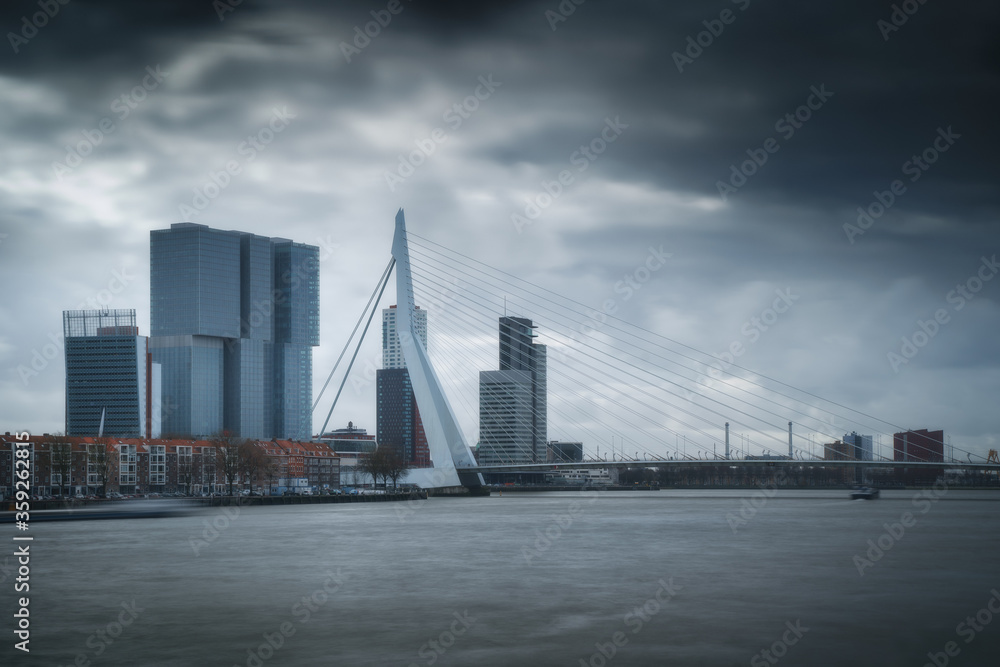 Rotterdam city skyline cityscape, Netherland (Holland). View of downtown and Erasmus bridge