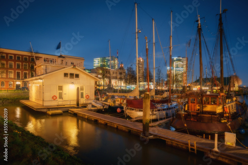 Rotterdam city skyline cityscape, Netherland (Holland). View of downtown from Veerhaven at night