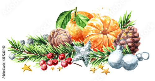 Juicy mandarines or tangerines fir branches and ornaments  New Year  and Christmas concept. Hand drawn watercolor illustration  isolated on white background