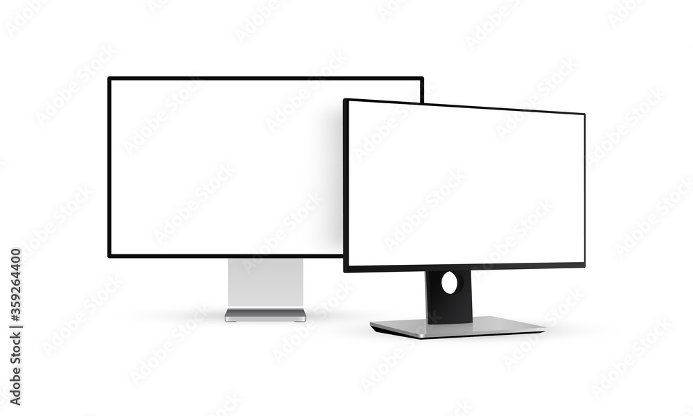 Two modern monitors with blank screens isolated on white background. Vector illustration Two modern monitors with blank screens isolated on white background. Vector illustration