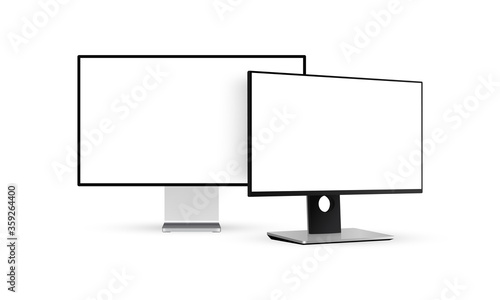 Two modern monitors with blank screens isolated on white background. Vector illustration